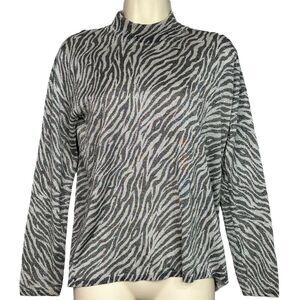 August Silk Knit Top Womens Large Zebra Print Mock‎ Neck Long Sleeve Silk Blend